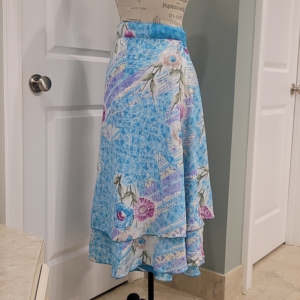 Jovani Designs Hawaiian Aqua Floral Silk Blend Wrap Maxi Skirt - Size Large O/S - Picture 5 of 8